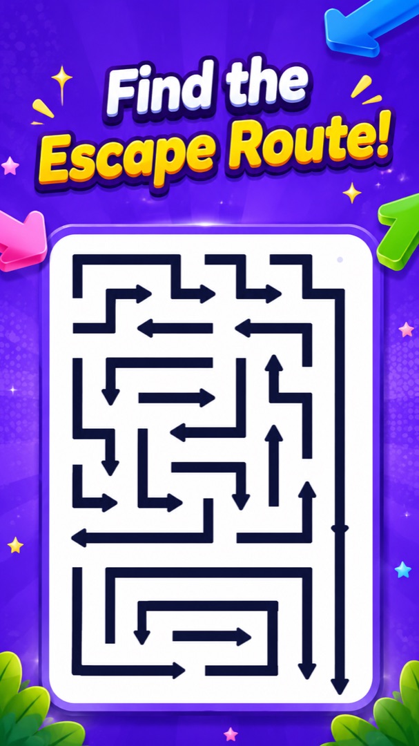 Puzzle board on a purple stage with floating 3D arrows