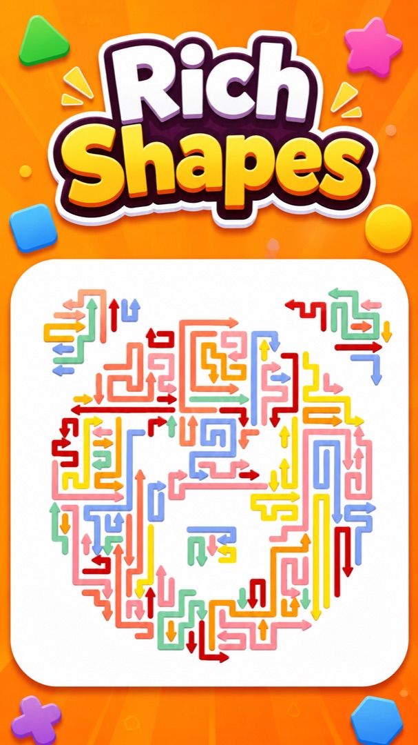 Rich Shapes — circular maze of pastel arrows on an orange sunburst