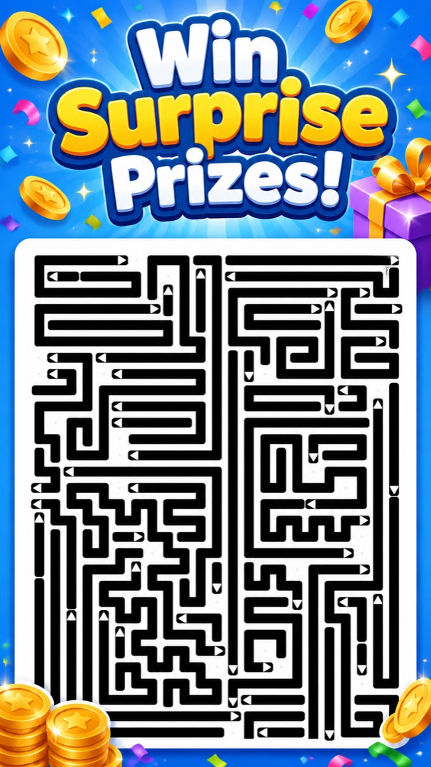 Win Surprise Prizes — black-and-white maze with gold coins and confetti